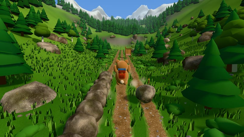 Boulder Bear: a teddy bear dodging boulders on a mountain trail