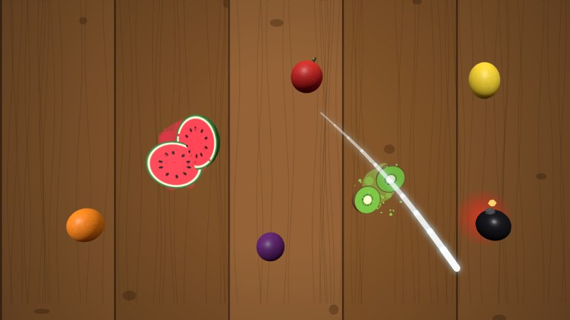 Fruit Slash: sliced watermelon and kiwi flying over a wooden board, with a bomb nearby